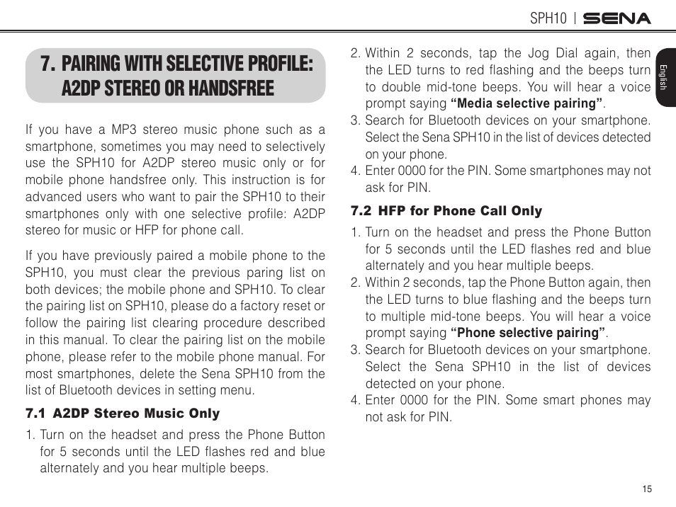 Pairing with selective profile: a2dp stereo or, Handsfree, 1 a2dp stereo music only | 2 hfp for phone call only | Sena Bluetooth SPH10 v4.2 User's Guide User Manual | Page 14 / 42