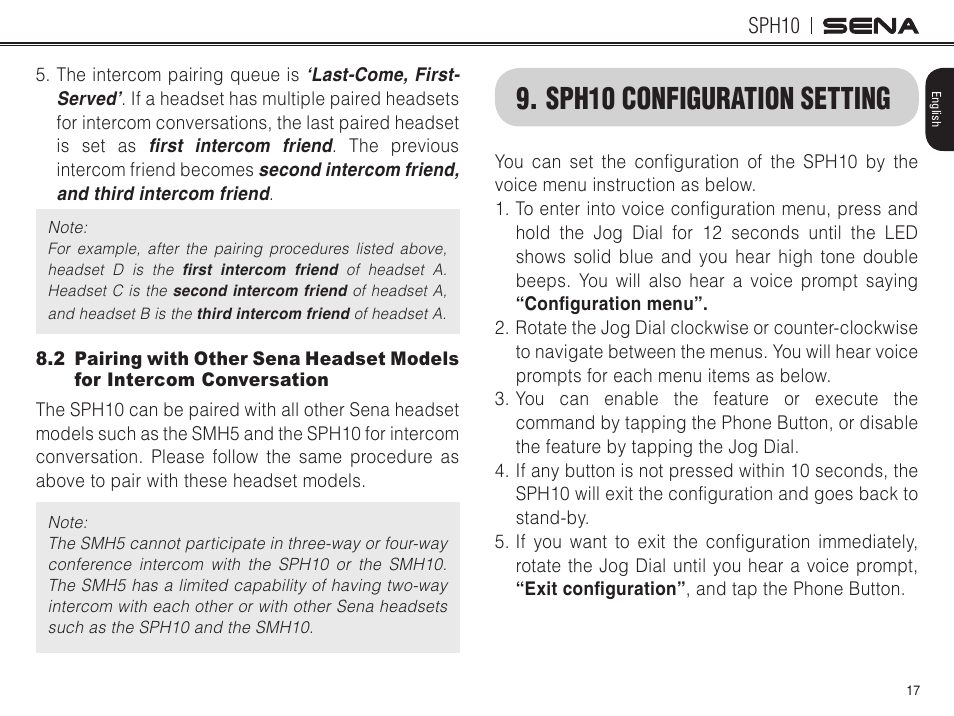 Conversation, Sph10 configuration setting | Sena Bluetooth SPH10 v4.2 User's Guide User Manual | Page 16 / 42