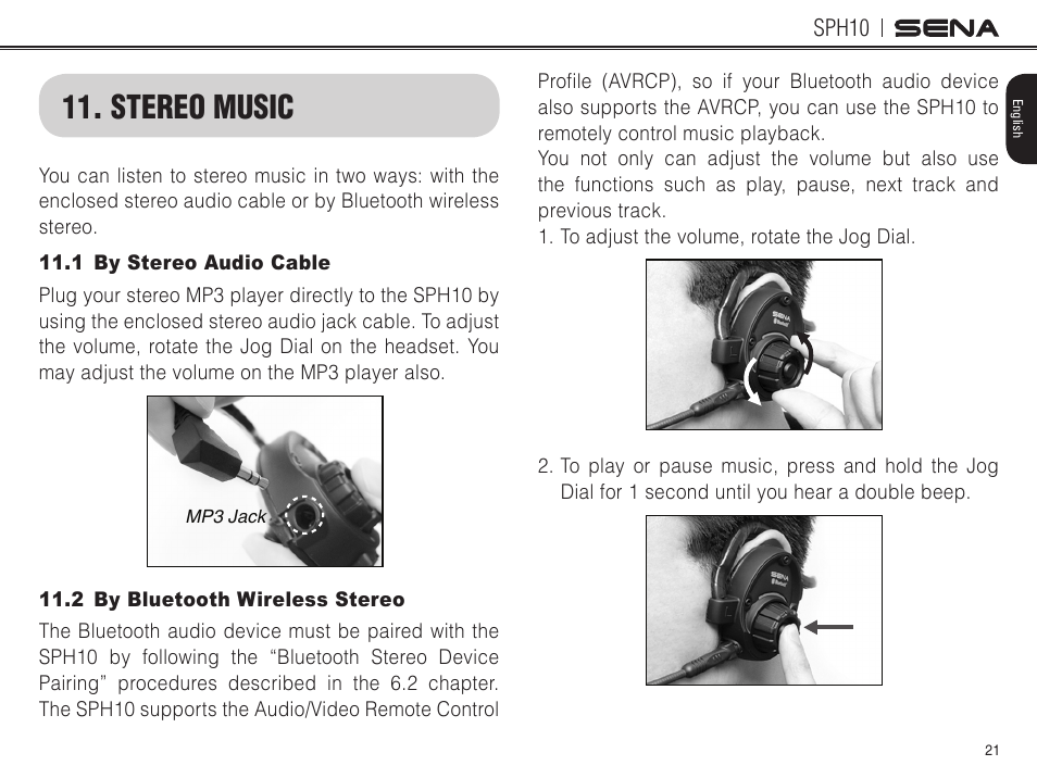Stereo music, 1 by stereo audio cable, 2 by bluetooth wireless stereo | Sena Bluetooth SPH10 v4.2 User's Guide User Manual | Page 20 / 42