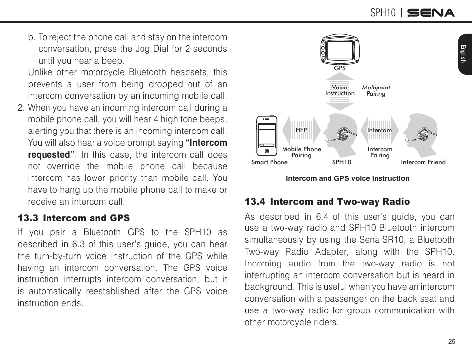 3 intercom and gps, 4 intercom and two-way radio, Sph10 | Sena Bluetooth SPH10 v4.2 User's Guide User Manual | Page 24 / 42