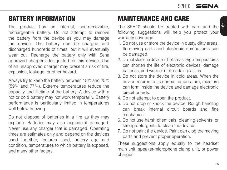 Battery information, Maintenance and care | Sena Bluetooth SPH10 v4.2 User's Guide User Manual | Page 34 / 42
