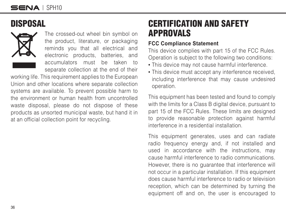 Disposal, Certification and safety approvals | Sena Bluetooth SPH10 v4.2 User's Guide User Manual | Page 35 / 42