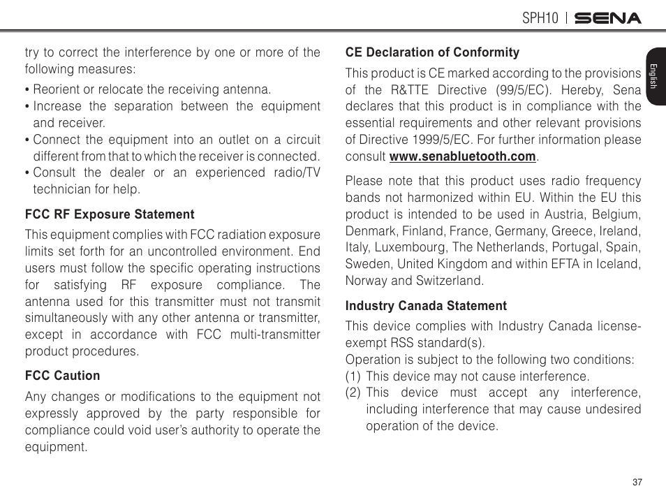 Fcc rf exposure statement, Fcc caution, Ce declaration of conformity | Industry canada statement, Sph10 | Sena Bluetooth SPH10 v4.2 User's Guide User Manual | Page 36 / 42