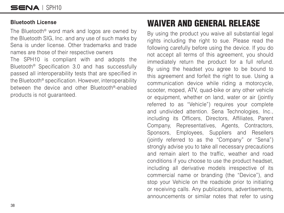 Bluetooth license, Waiver and general release, Sph10 | Sena Bluetooth SPH10 v4.2 User's Guide User Manual | Page 37 / 42