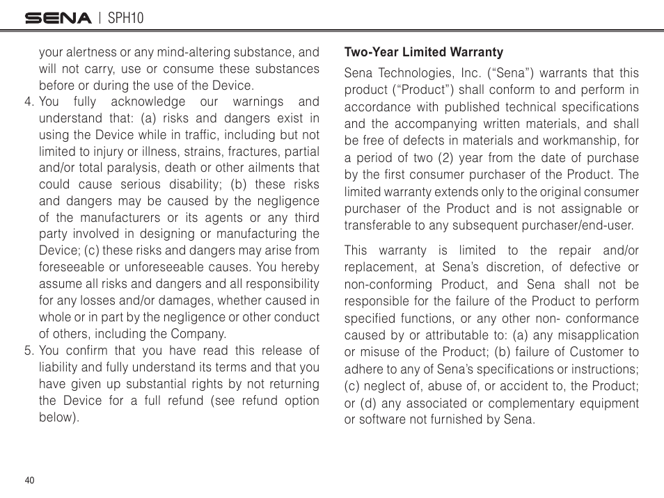 Two-year limited warranty | Sena Bluetooth SPH10 v4.2 User's Guide User Manual | Page 39 / 42