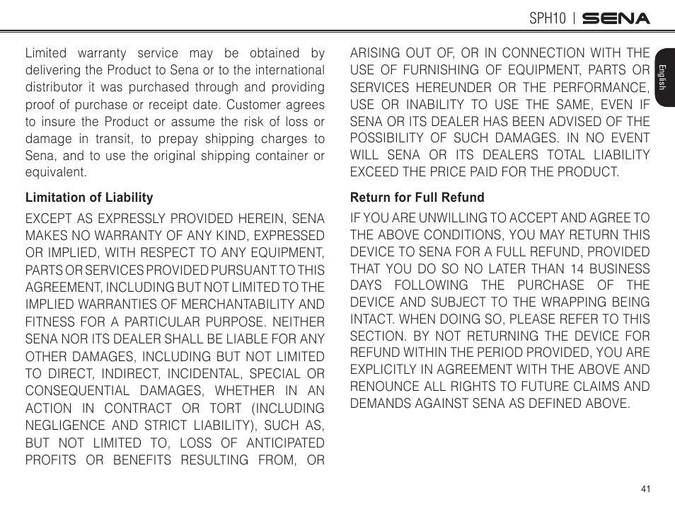 Limitation of liability, Return for full refund, Sph10 | Sena Bluetooth SPH10 v4.2 User's Guide User Manual | Page 40 / 42