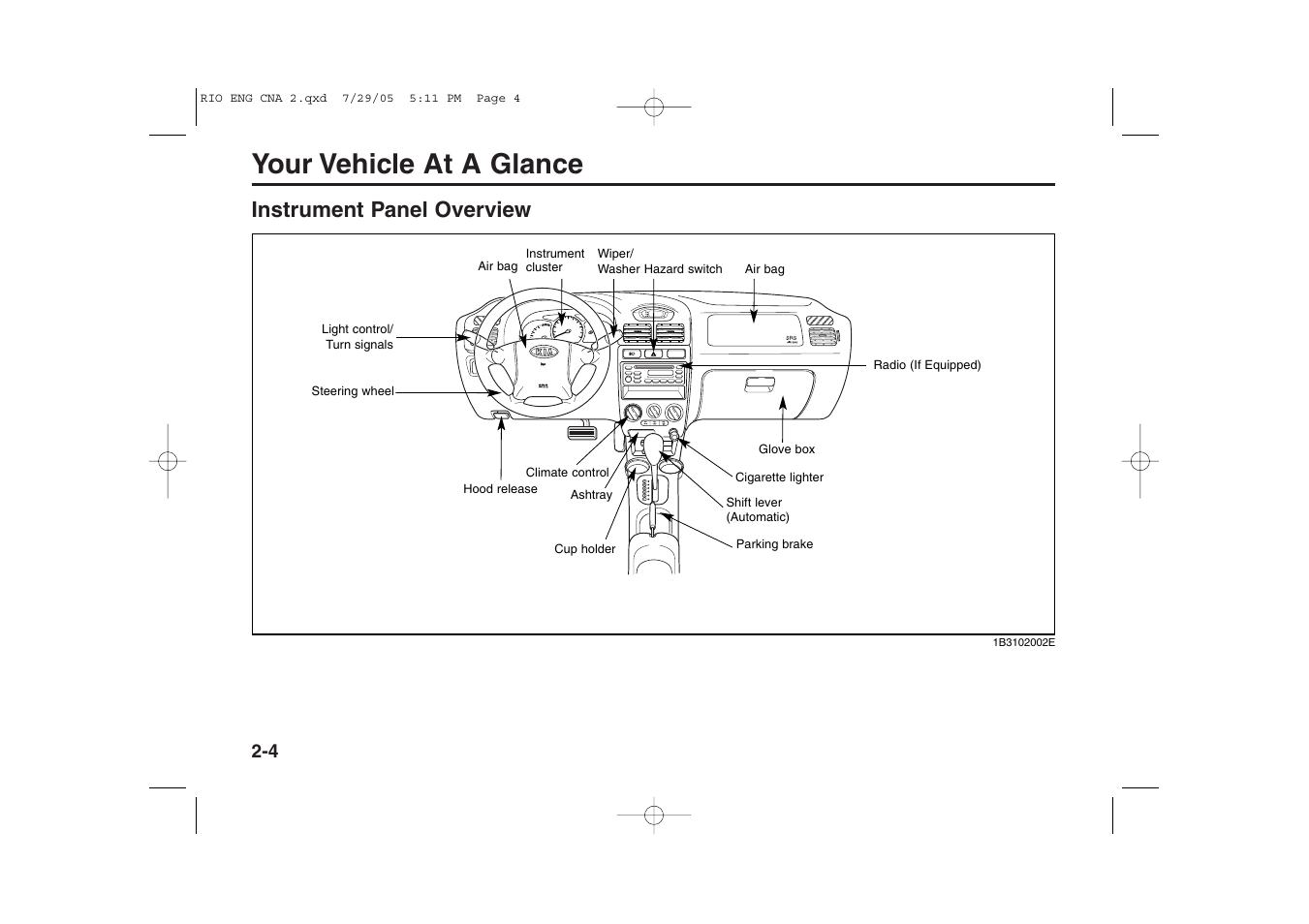 Your vehicle at a glance, Instrument panel overview | KIA Rio_Rio5 2005 User Manual | Page 10 / 238