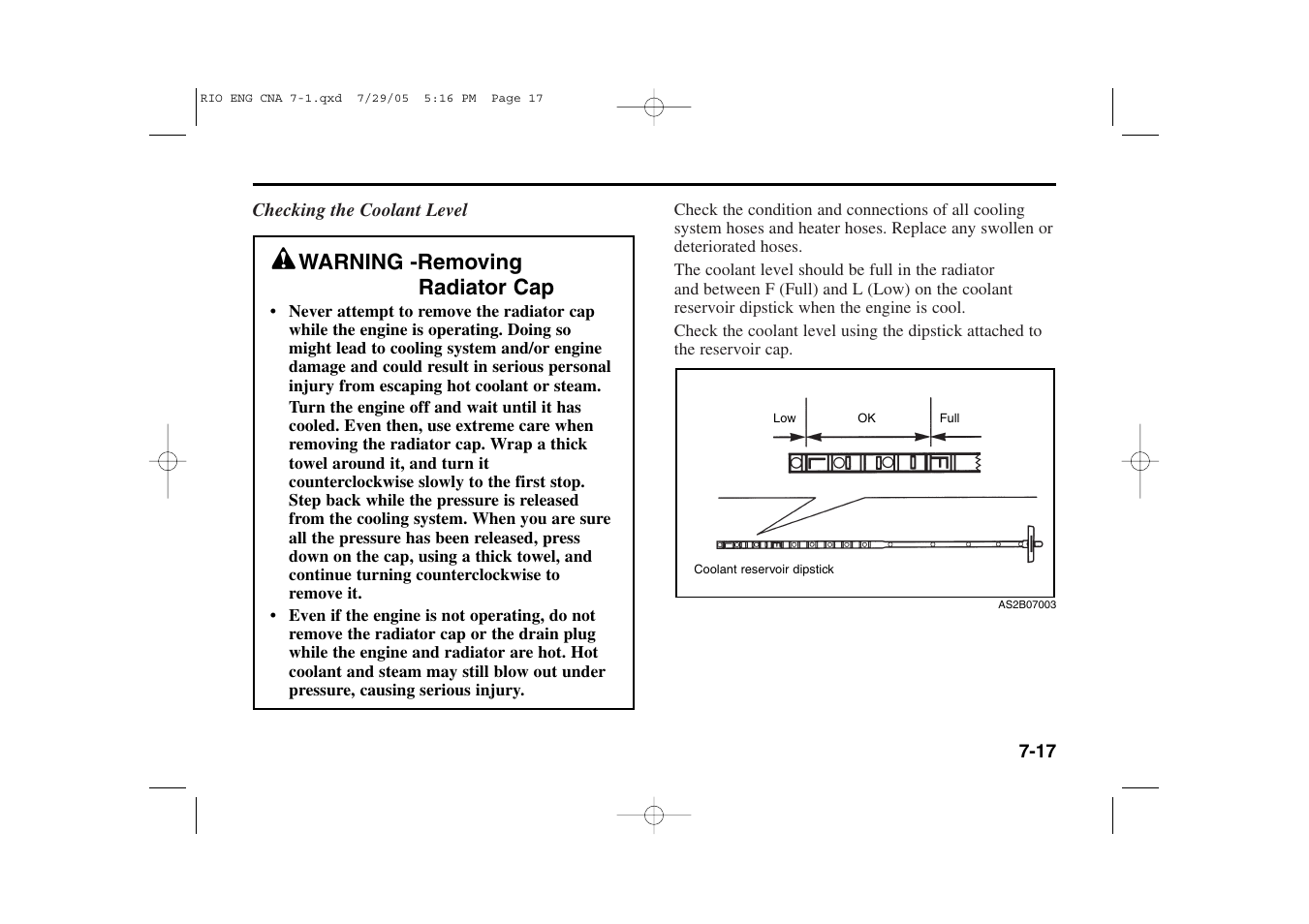 Warning -removing radiator cap | KIA Rio_Rio5 2005 User Manual | Page 189 / 238