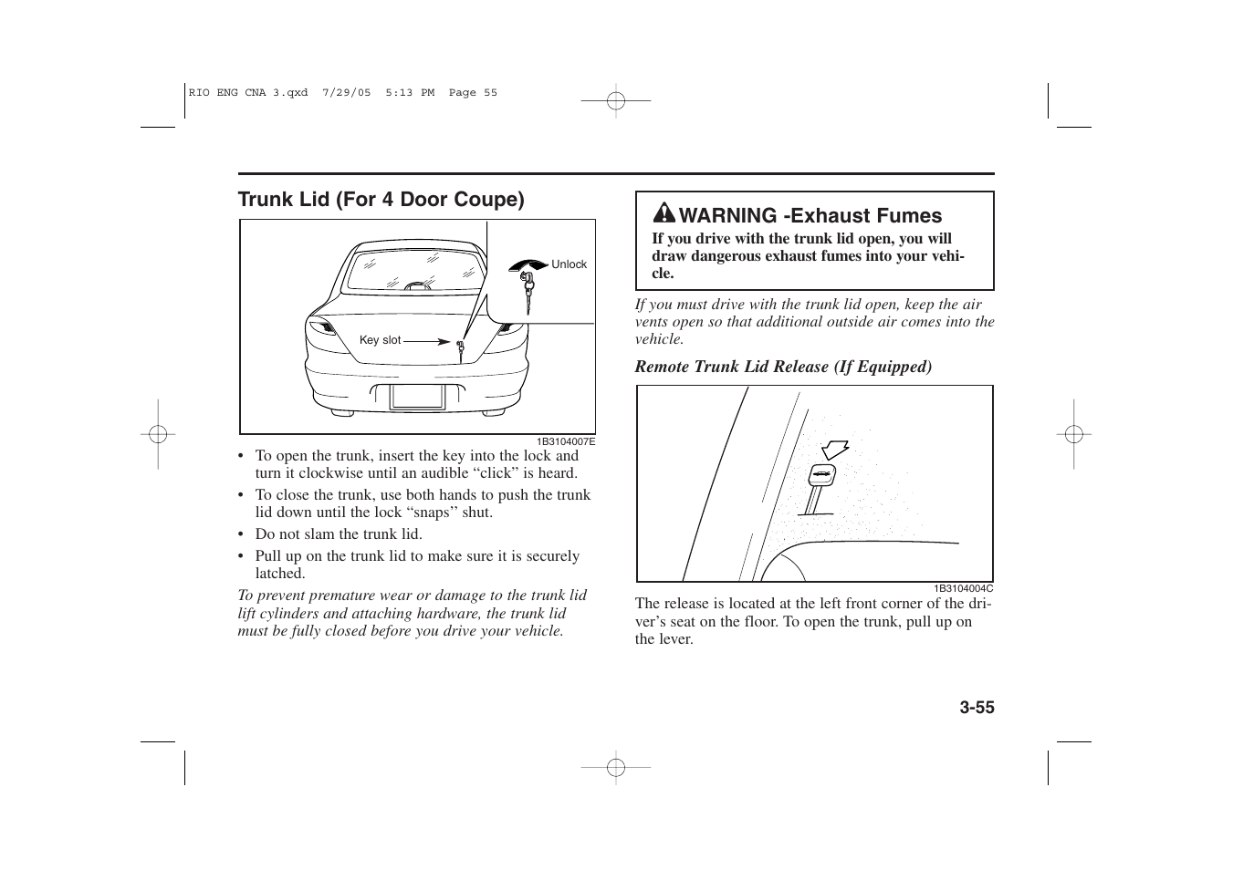 Trunk lid (for 4 door coupe), Warning -exhaust fumes | KIA Rio_Rio5 2005 User Manual | Page 65 / 238