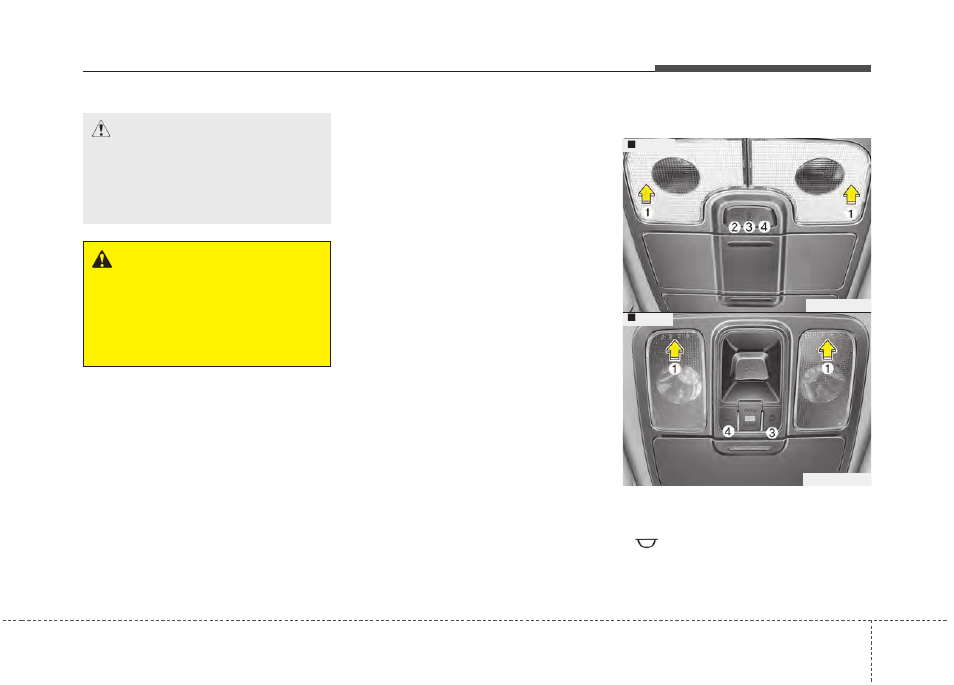 Features of your vehicle interior light, Caution, Warning | KIA Rondo 2014 User Manual | Page 198 / 517