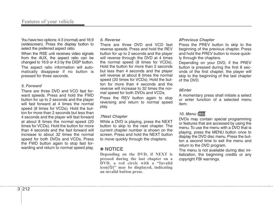 Features of your vehicle | KIA Sedona 2008 User Manual | Page 221 / 339