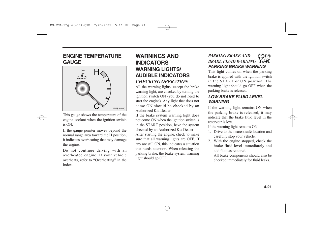 Warnings and indicators | KIA Magentis 2006 User Manual | Page 100 / 225