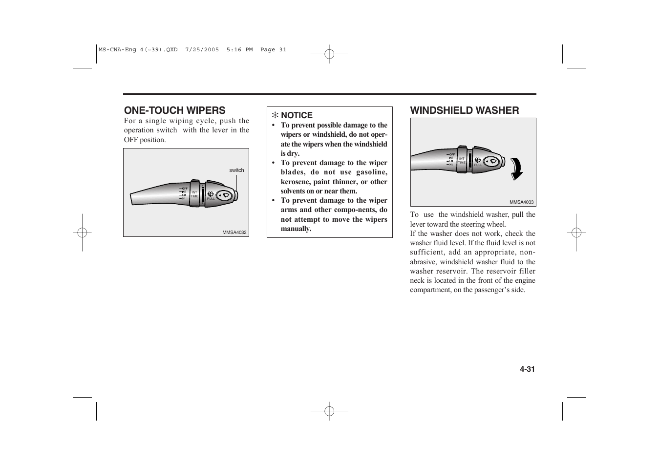One-touch wipers, Windshield washer | KIA Magentis 2006 User Manual | Page 110 / 225