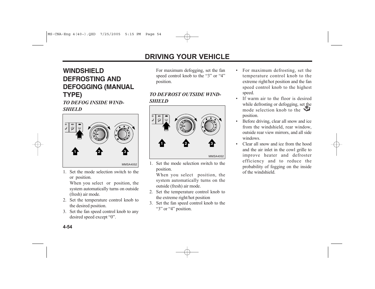 Driving your vehicle, Windshield defrosting and defogging (manual type) | KIA Magentis 2006 User Manual | Page 133 / 225