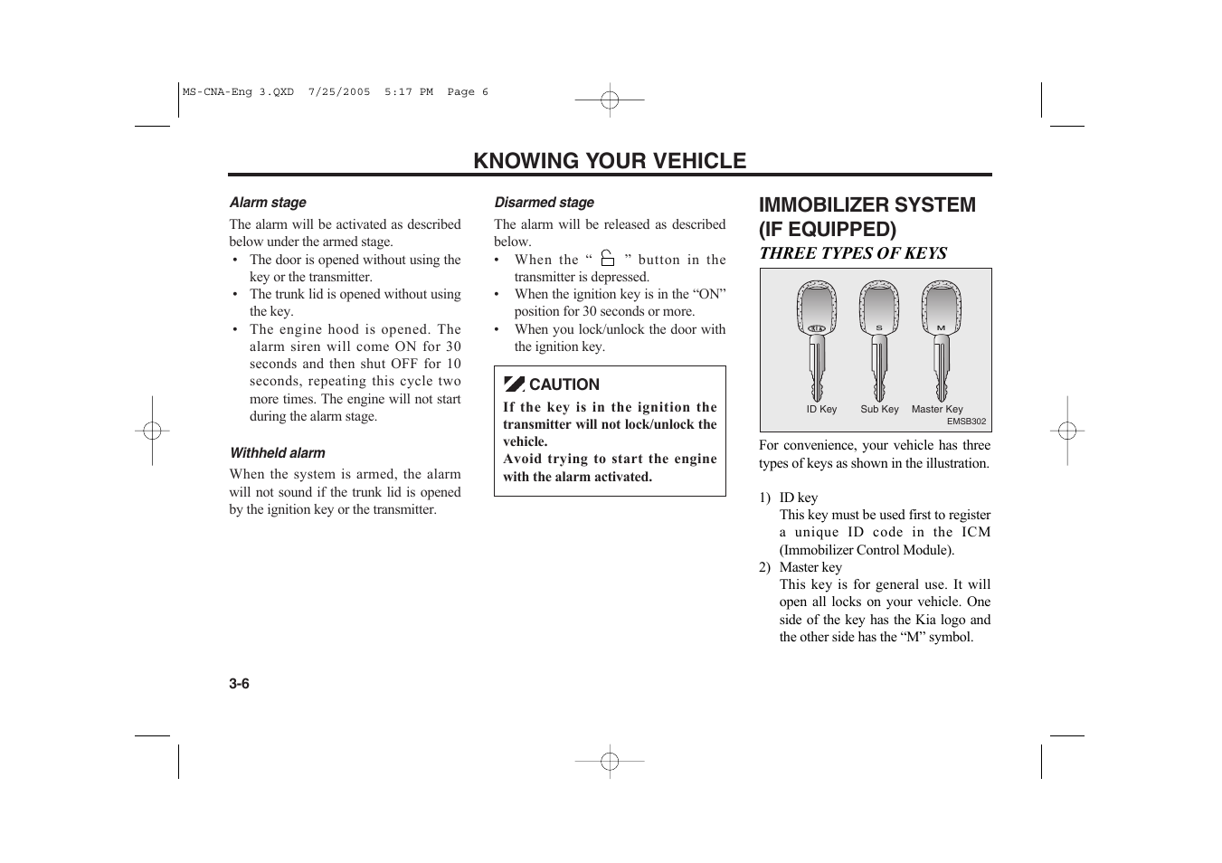 Knowing your vehicle, Immobilizer system (if equipped) | KIA Magentis 2006 User Manual | Page 15 / 225