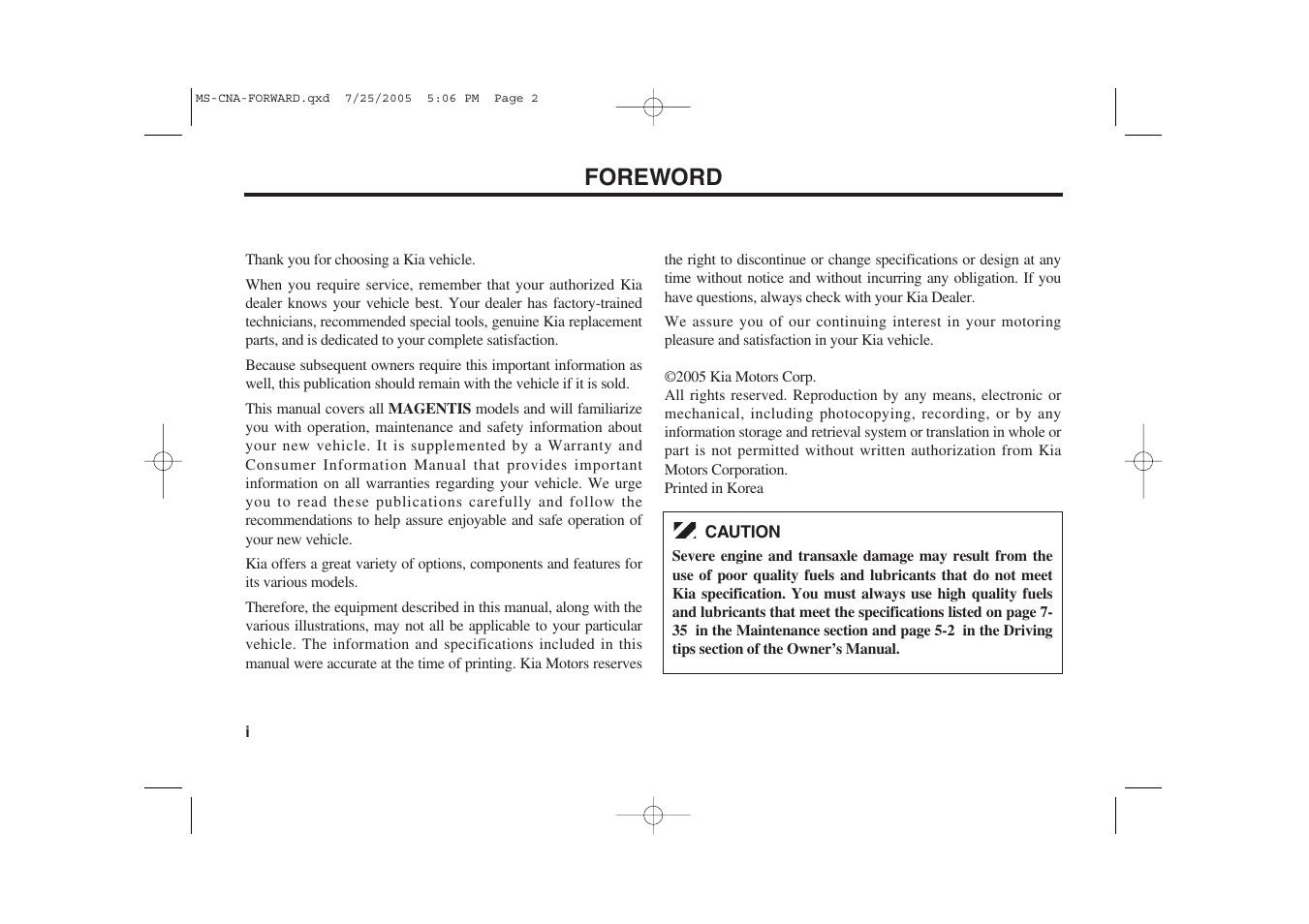 Foreword | KIA Magentis 2006 User Manual | Page 2 / 225
