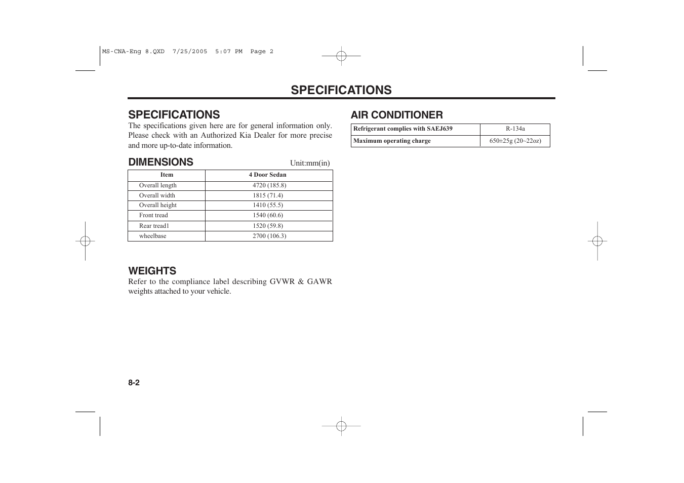 Specifications, Dimensions, Weights | Air conditioner | KIA Magentis 2006 User Manual | Page 221 / 225