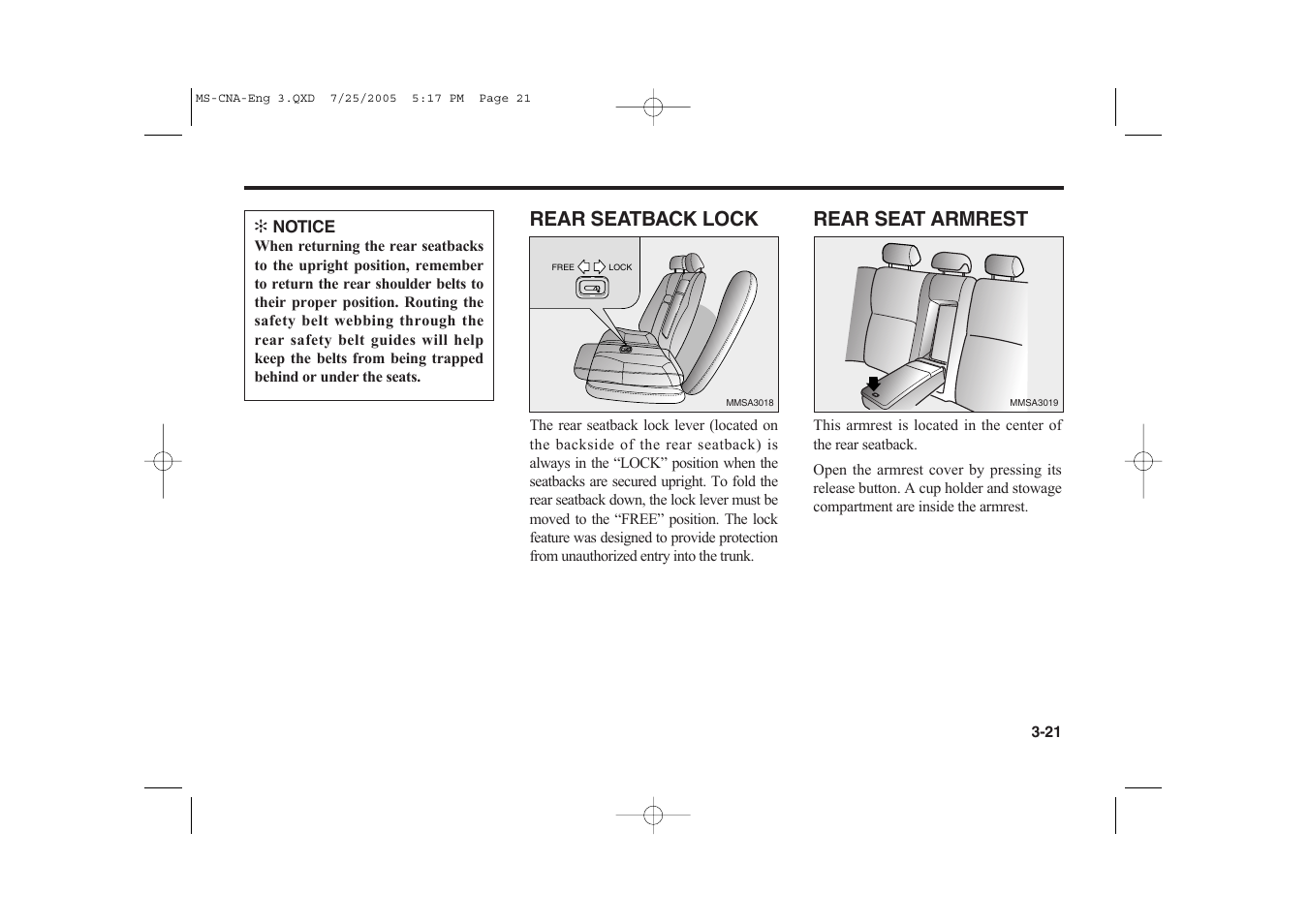 Rear seatback lock, Rear seat armrest | KIA Magentis 2006 User Manual | Page 30 / 225