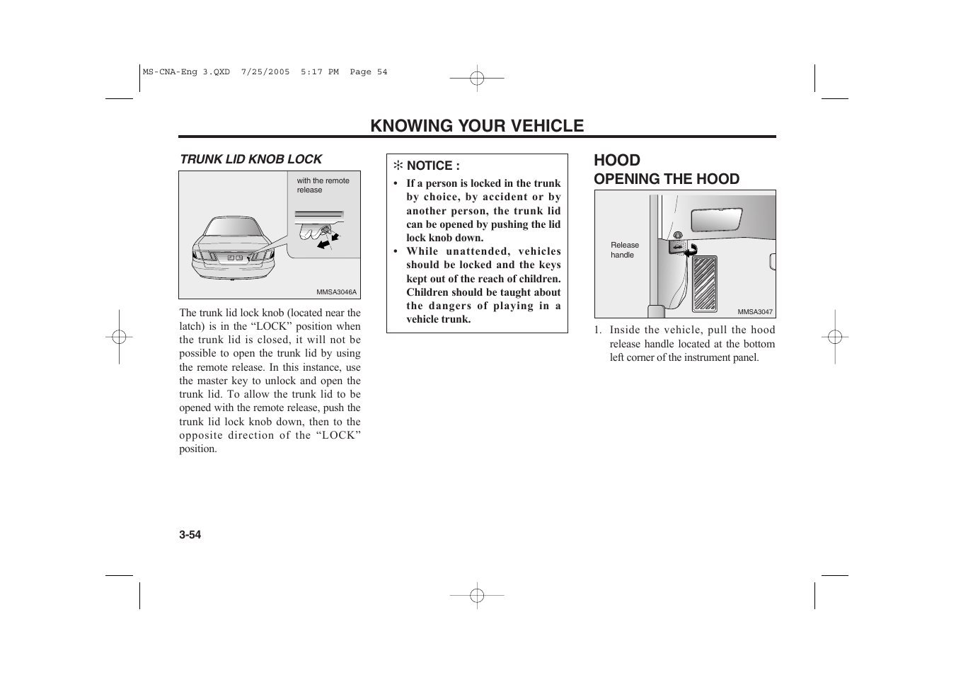 Knowing your vehicle, Hood | KIA Magentis 2006 User Manual | Page 63 / 225