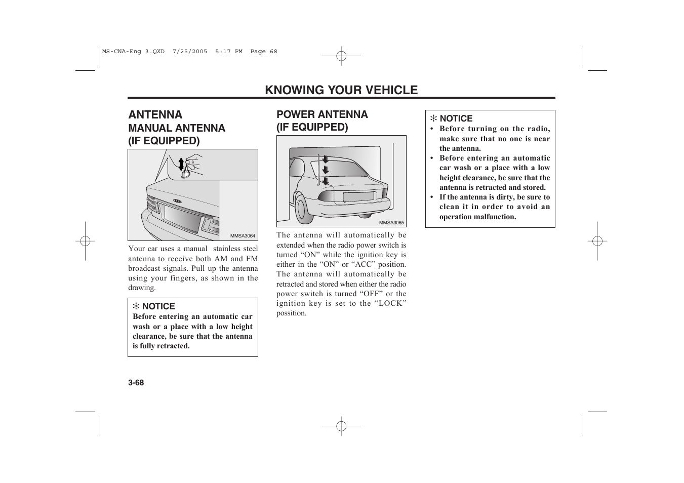 Knowing your vehicle, Antenna | KIA Magentis 2006 User Manual | Page 77 / 225