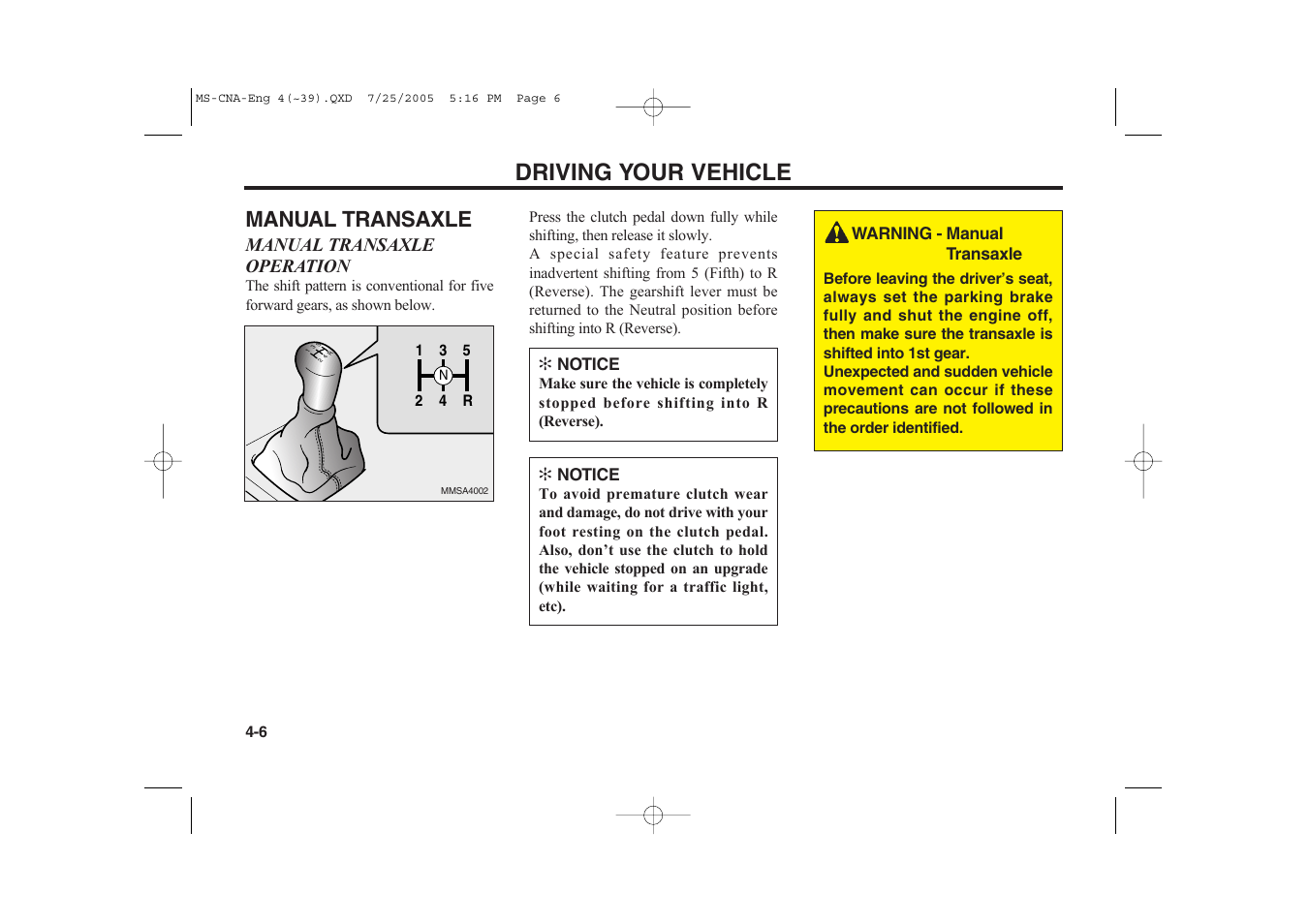 Driving your vehicle, Manual transaxle | KIA Magentis 2006 User Manual | Page 85 / 225