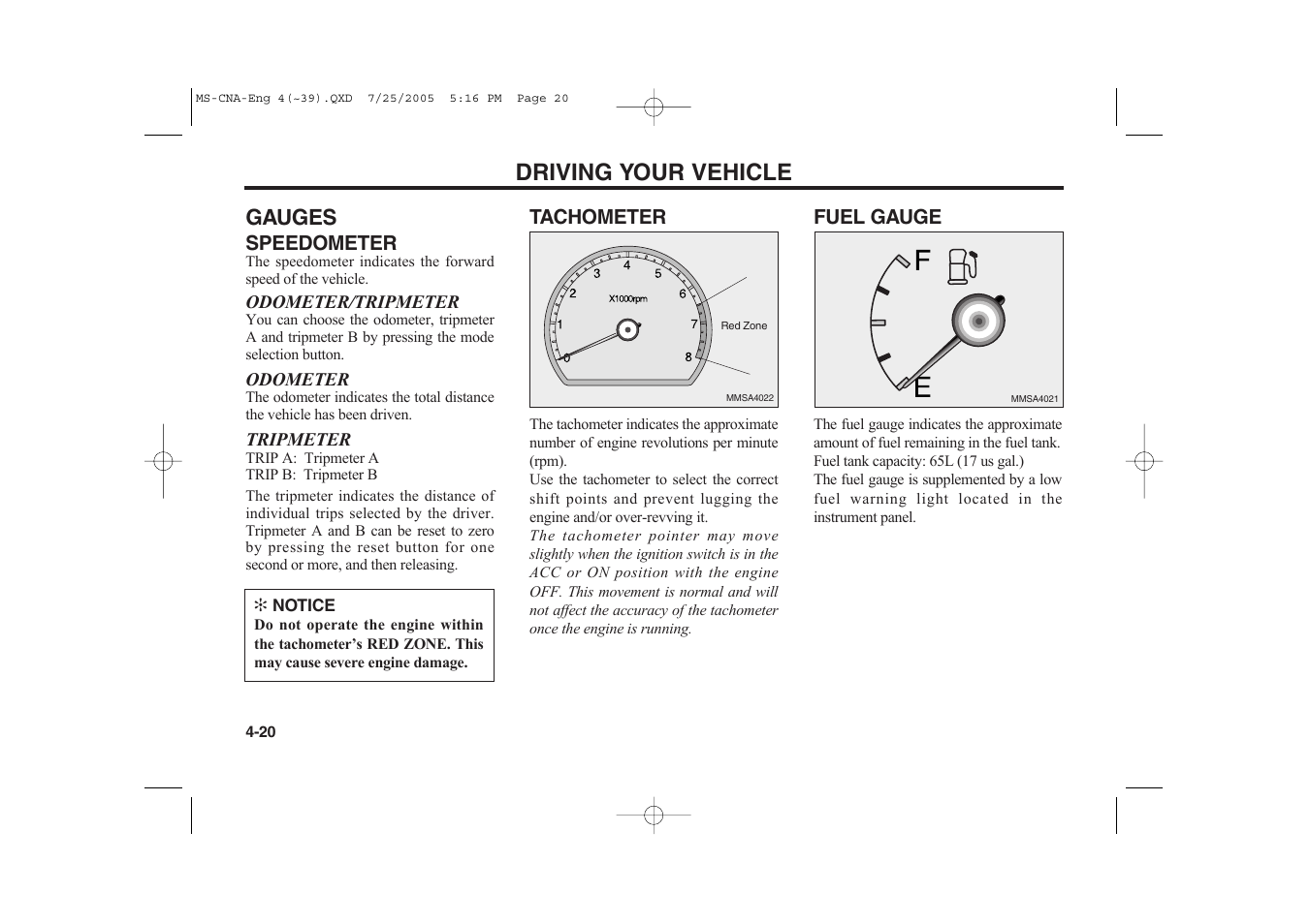 Driving your vehicle, Gauges | KIA Magentis 2006 User Manual | Page 99 / 225