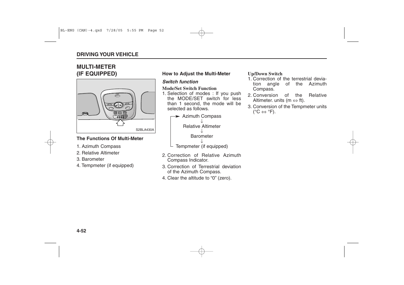 Mode /set up down, Multi-meter (if equipped) | KIA Sorento 2006 User Manual | Page 150 / 312