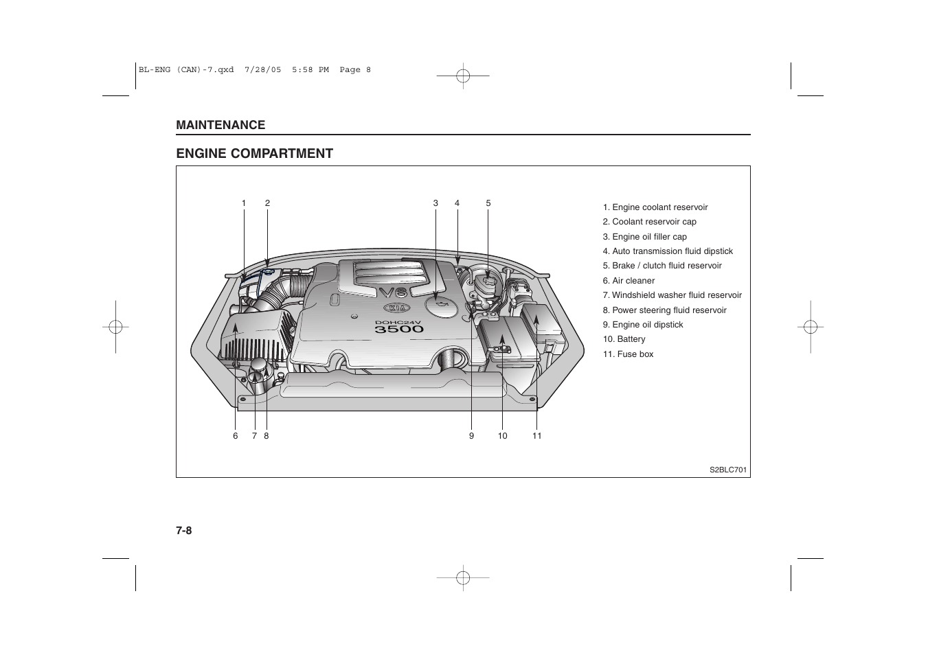 Engine compartment | KIA Sorento 2006 User Manual | Page 265 / 312