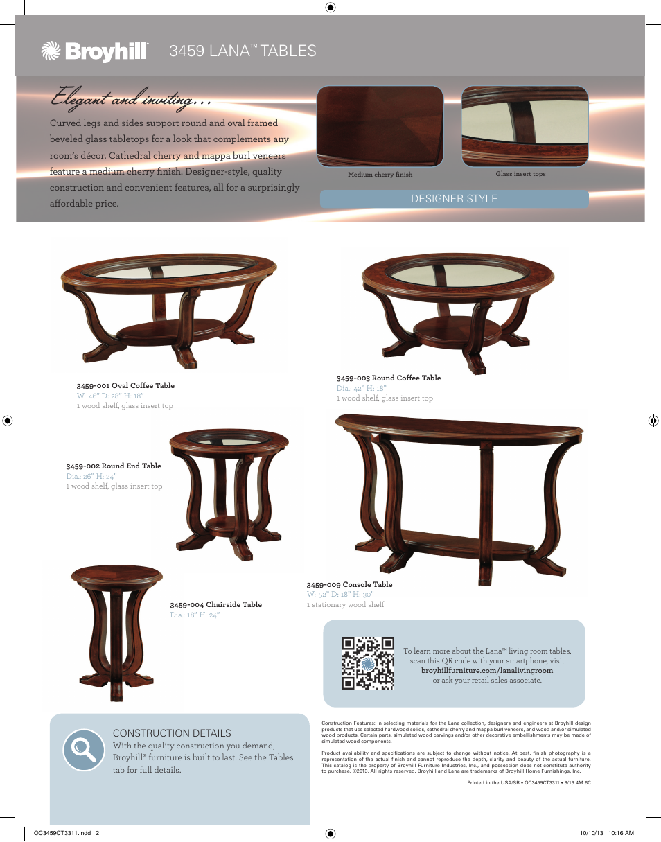 Elegant and inviting, 3459 lana, Tables | Broyhill LANA CONSOLE TABLE Product Details User Manual | Page 2 / 2