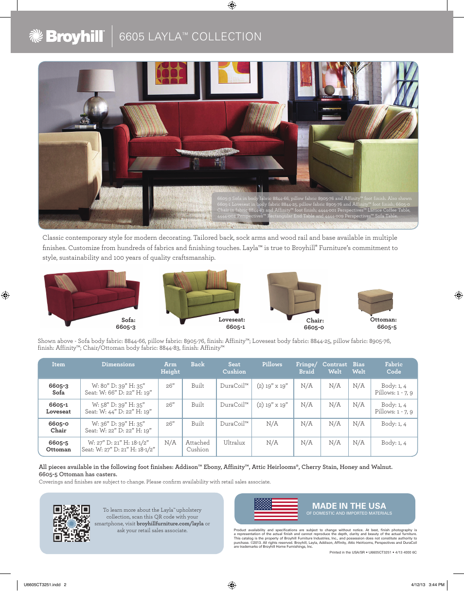 6605 layla, Collection | Broyhill LAYLA SOFA, CHAIRS, OTTOMAN Product Details User Manual | Page 2 / 2