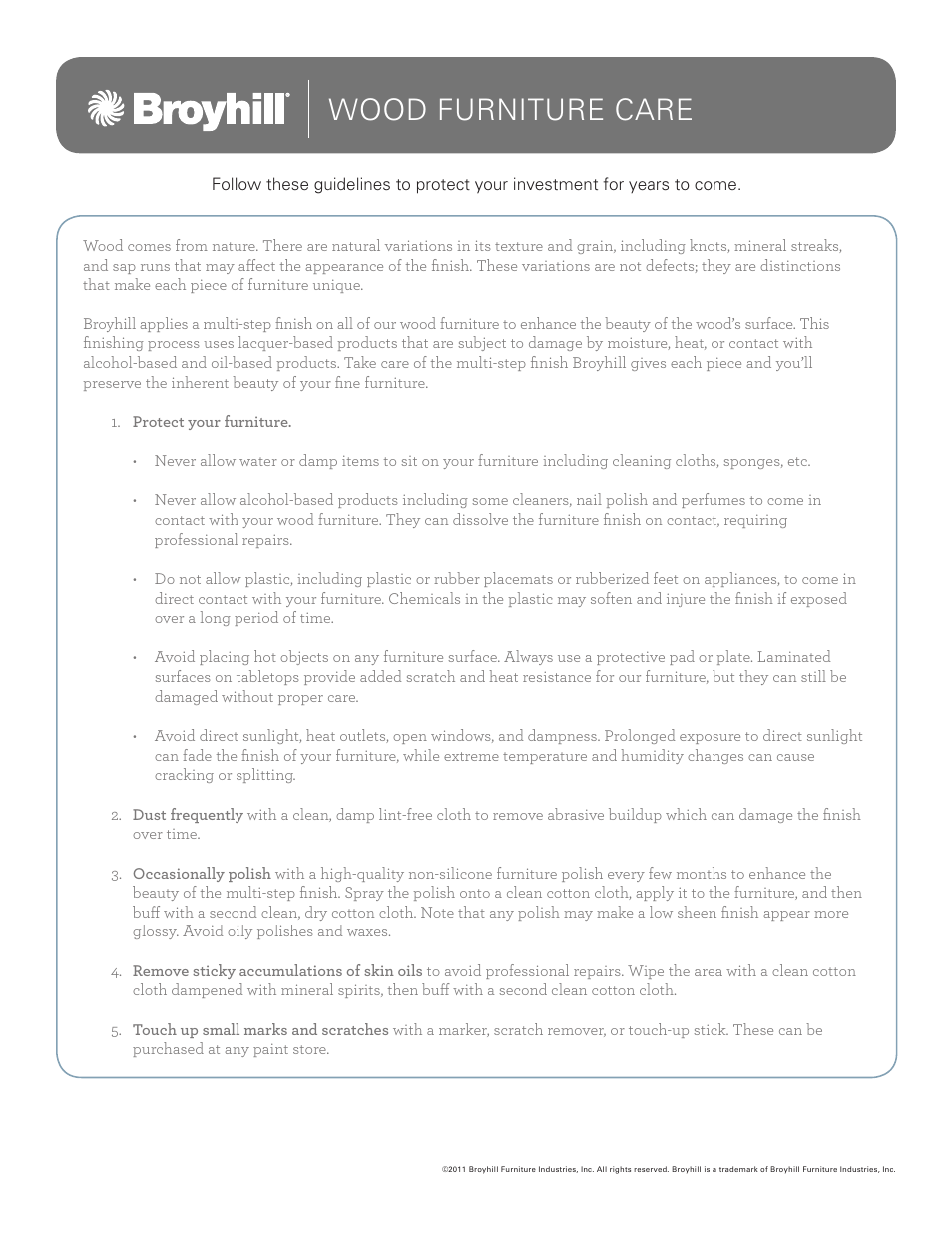 Broyhill ESTES PARK DRESSER MIRROR Care Instructions User Manual | 3 pages