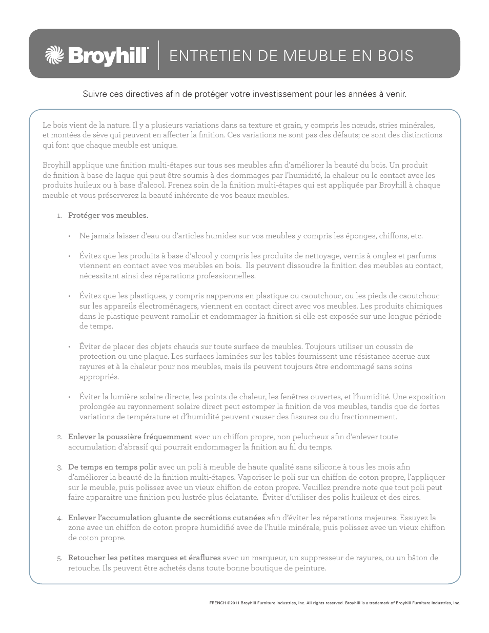 Entretien de meuble en bois | Broyhill ESTES PARK DRESSER MIRROR Care Instructions User Manual | Page 2 / 3