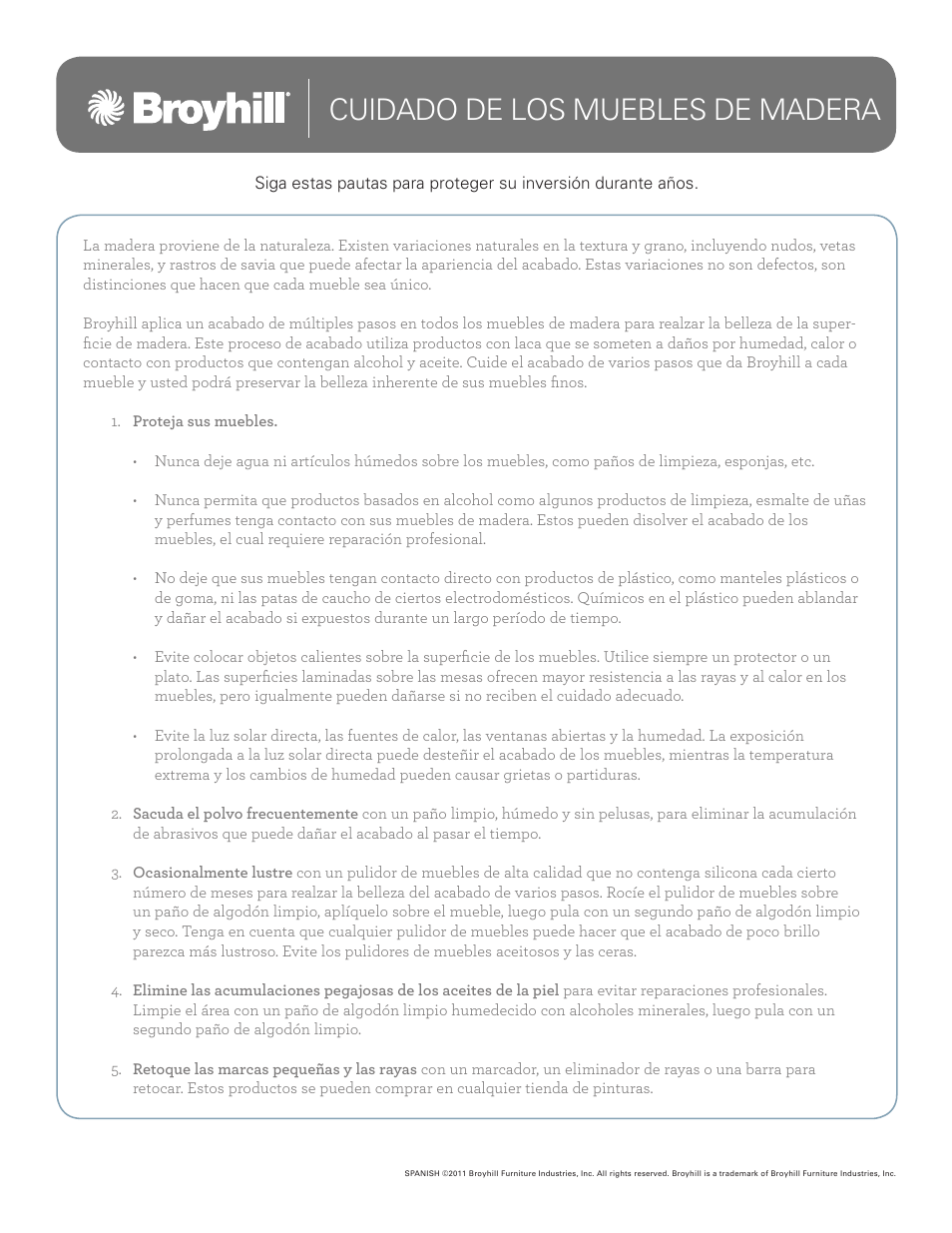 Cuidado de los muebles de madera | Broyhill ESTES PARK DRESSER MIRROR Care Instructions User Manual | Page 3 / 3