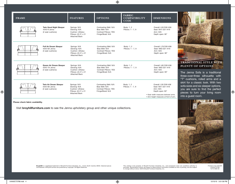 Traditional style with plenty of options | Broyhill JENNA SOFA, CHAIRS Product Details User Manual | Page 4 / 4