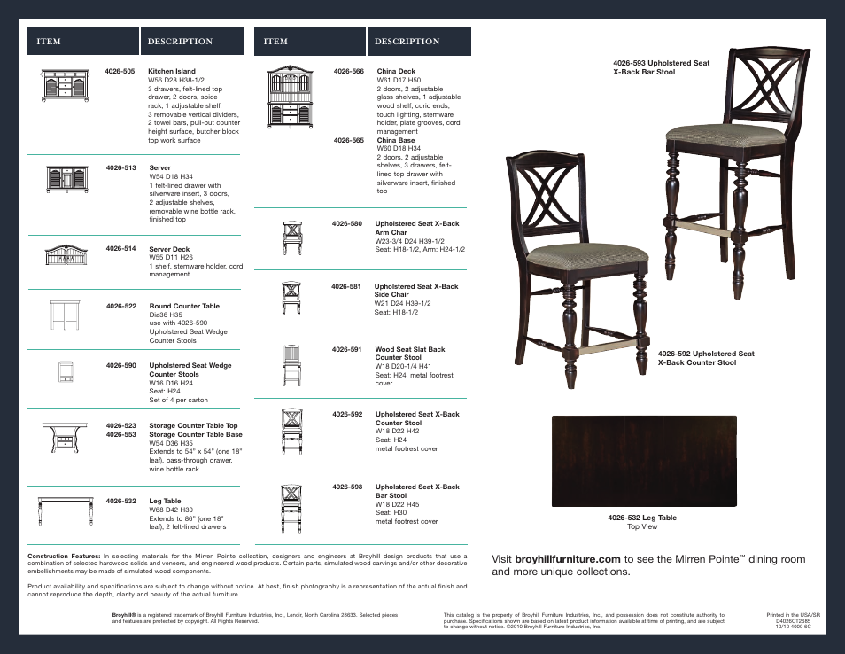 Dining room and more unique collections | Broyhill MIRREN POINTE CHINA - BASE AND DECK Product Details User Manual | Page 4 / 4