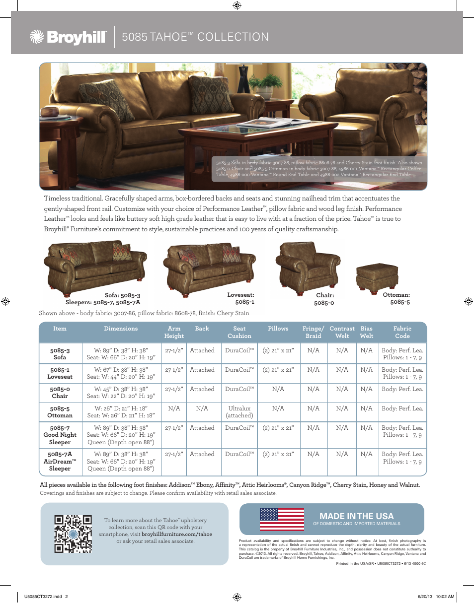 5085 tahoe, Collection | Broyhill TAHOE SOFA, CHAIRS, OTTOMAN Product Details User Manual | Page 2 / 2