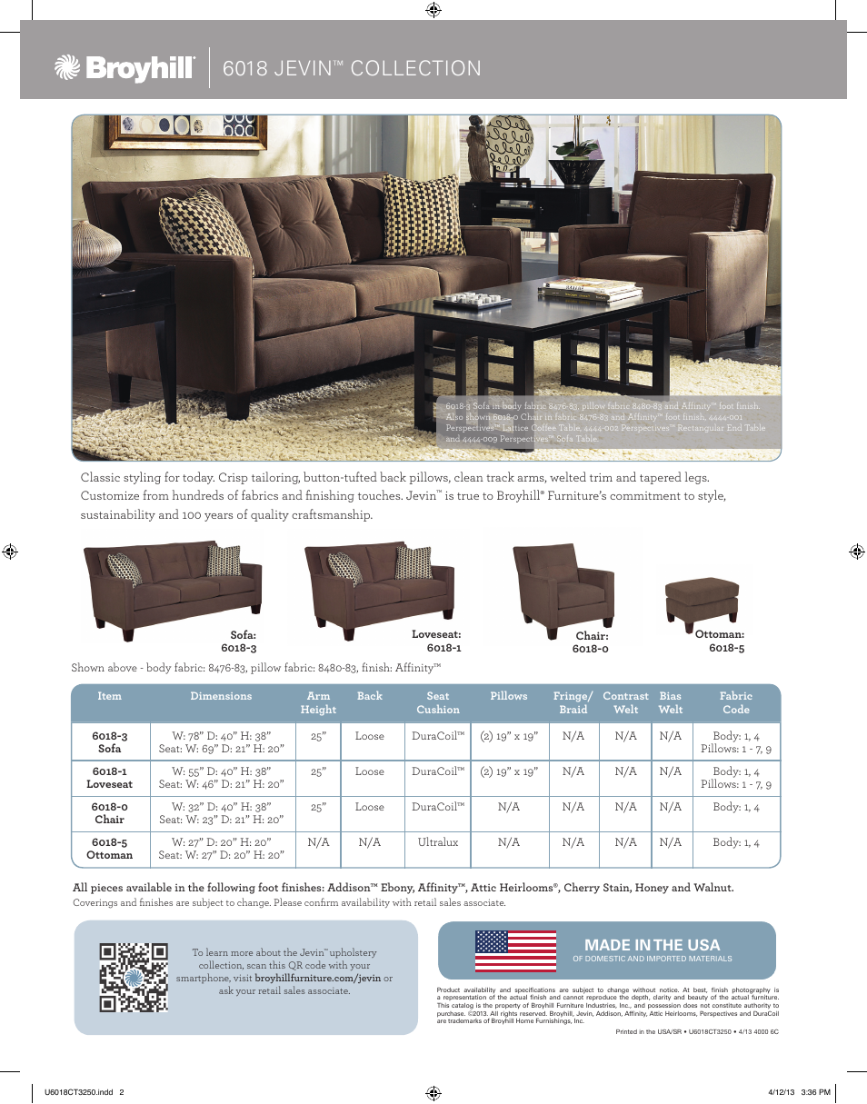 6018 jevin, Collection | Broyhill JEVIN SOFA, CHAIRS Product Details User Manual | Page 2 / 2