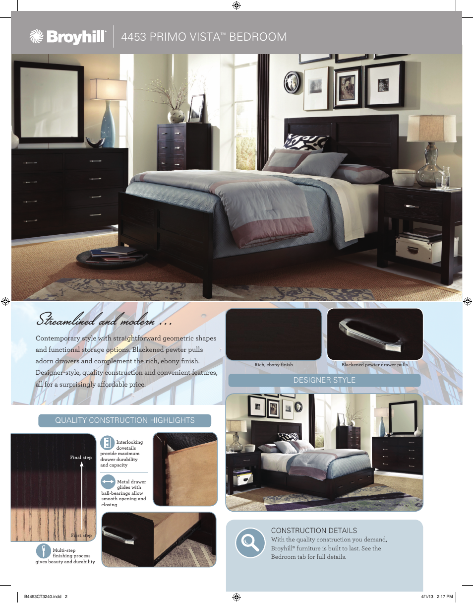 Streamlined and modern, Sleigh bed room scene, 4453 primo vista | Bedroom | Broyhill PRIMO VISTA DRESSER MIRROR Product Details User Manual | Page 2 / 4