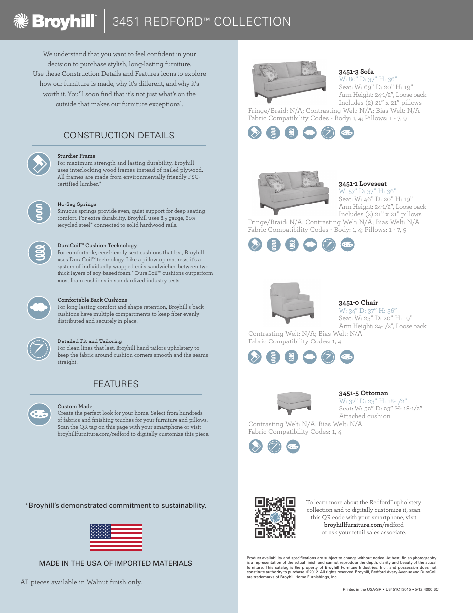3451 redford, Collection, Construction details features | Broyhill REDFORD SOFA, CHAIRS, OTTOMAN Product Details User Manual | Page 2 / 2
