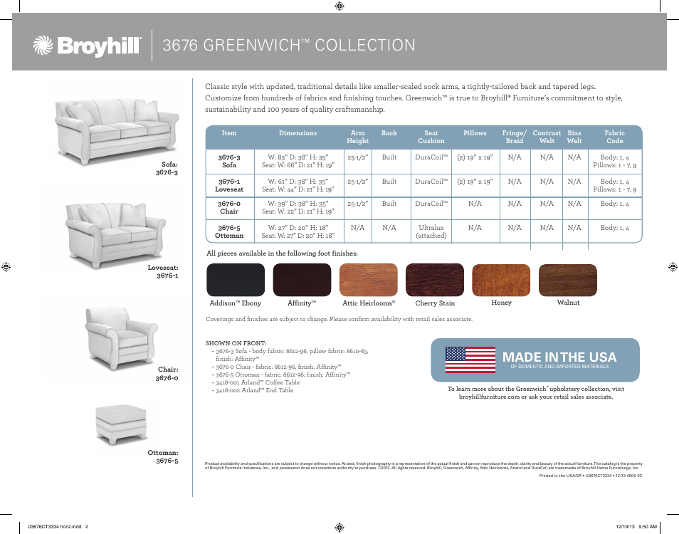 3676 greenwich, Collection, Made in the usa | Broyhill GREENWICH SOFA, CHAIRS Product Details User Manual | Page 2 / 2