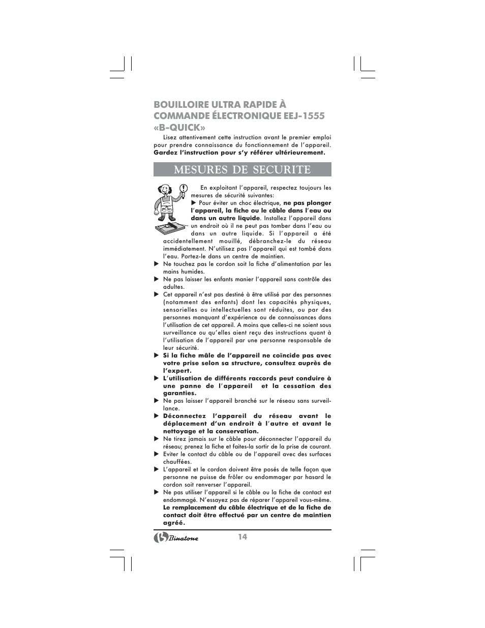 Mesures de securite | Binatone EEJ-1555 B-Quick User Manual | Page 12 / 38