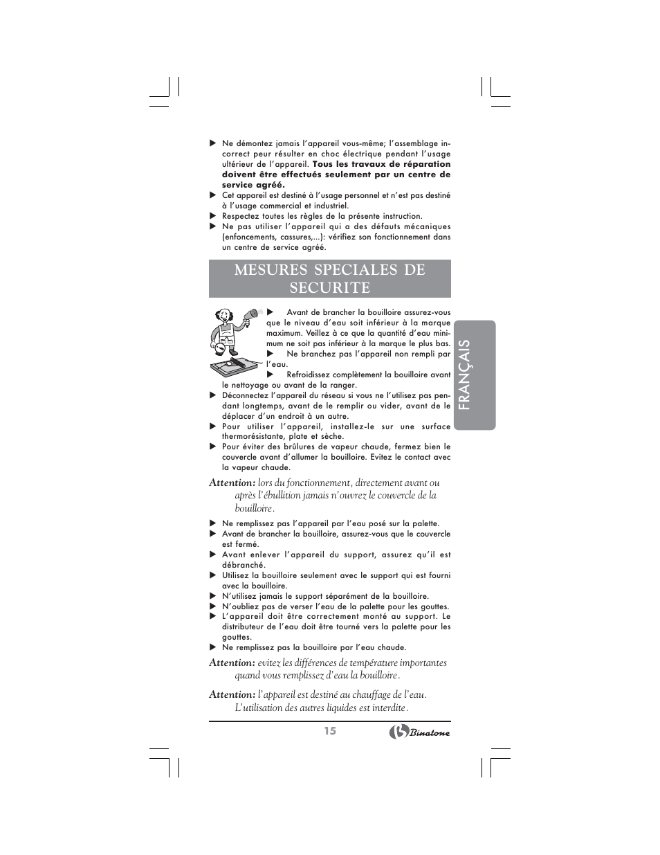 Français, Mesures speciales de securite | Binatone EEJ-1555 B-Quick User Manual | Page 13 / 38