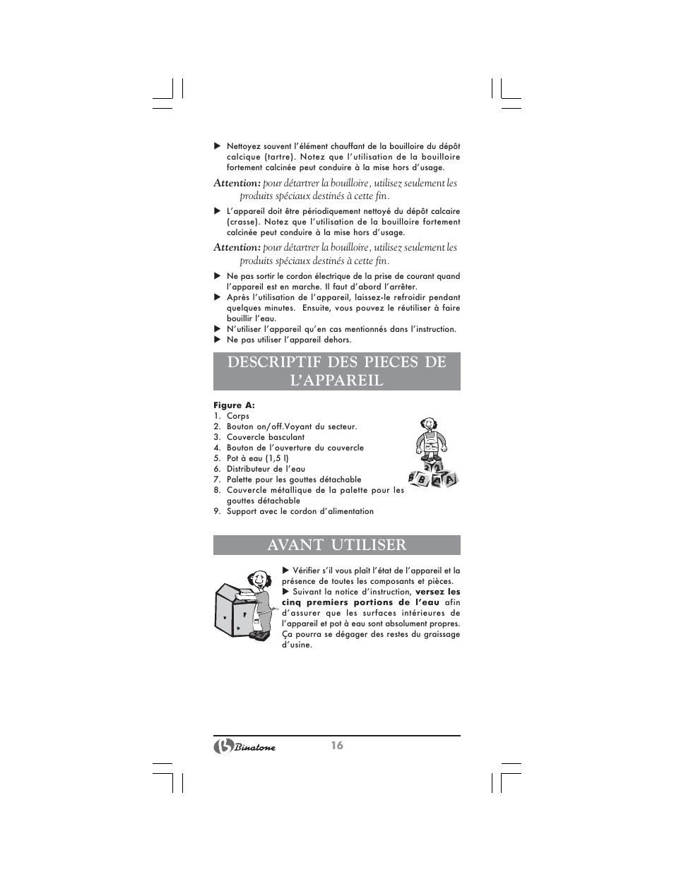 Descriptif des pieces de l’appareil, Avant utiliser | Binatone EEJ-1555 B-Quick User Manual | Page 14 / 38