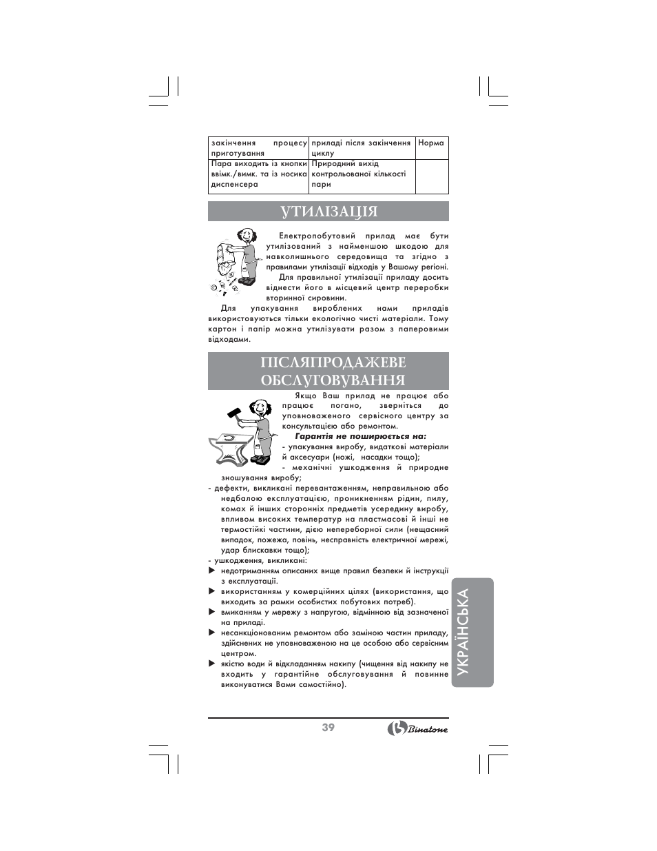 Укр аїнська, Утил²зац²я, П²сляпродажеве обслуговування | Binatone EEJ-1555 B-Quick User Manual | Page 37 / 38