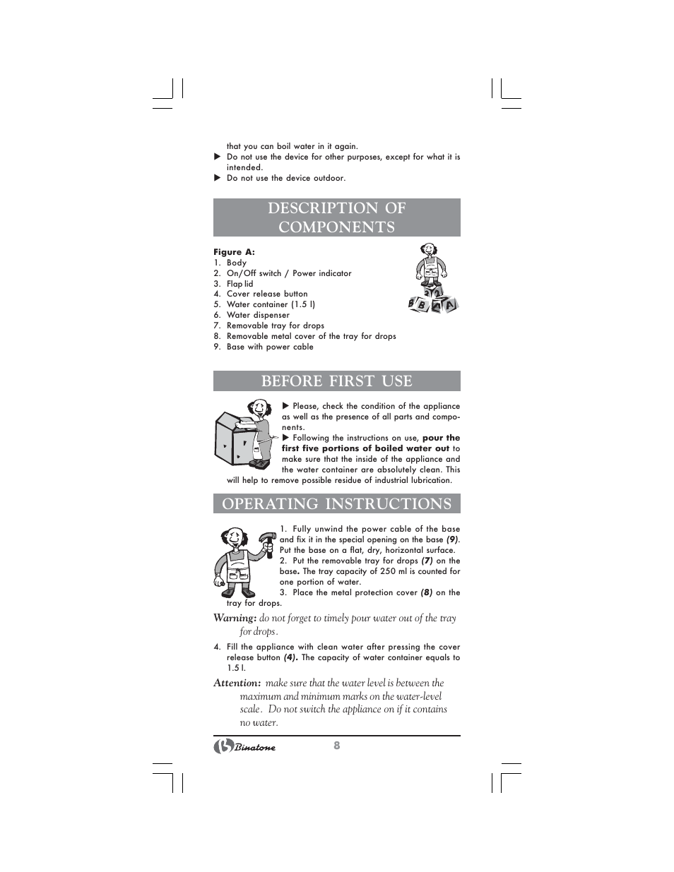 Description of components, Before first use, Operating instructions | Binatone EEJ-1555 B-Quick User Manual | Page 6 / 38