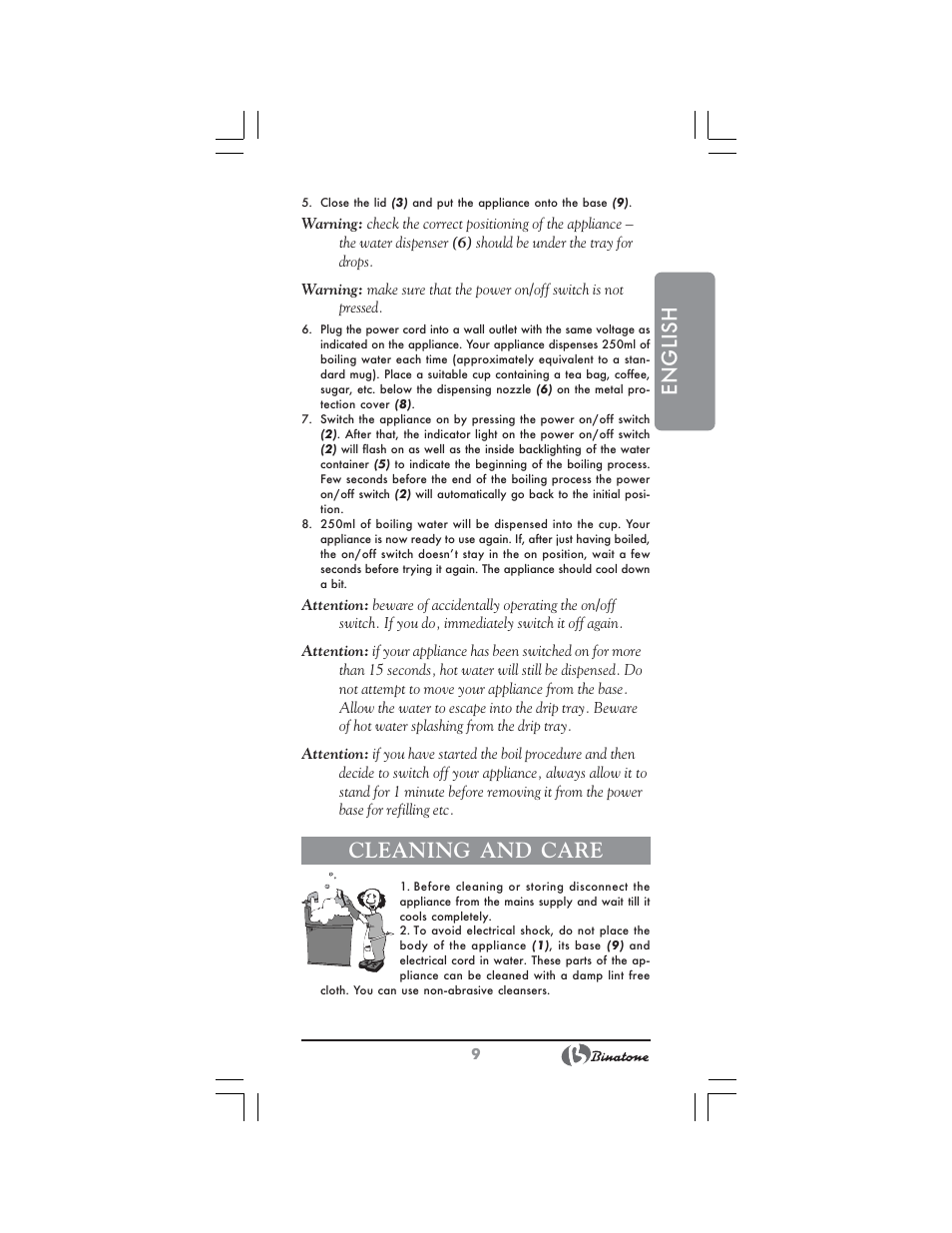 English, Cleaning and care | Binatone EEJ-1555 B-Quick User Manual | Page 7 / 38