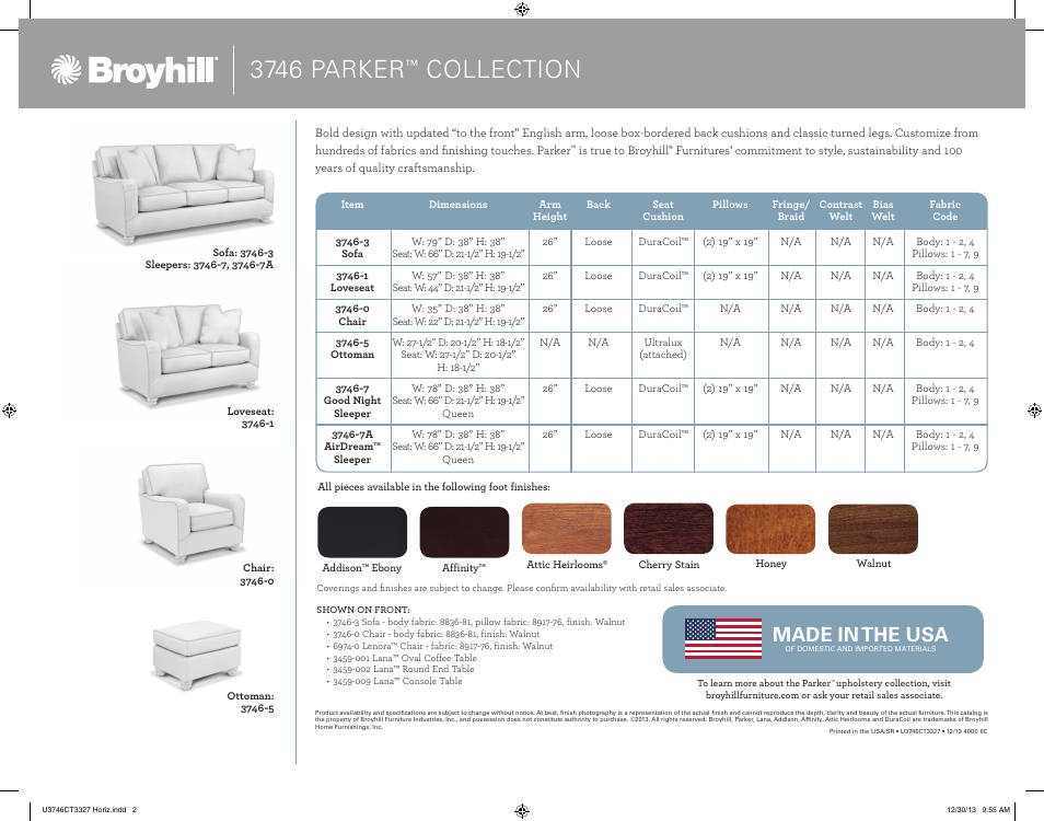 3746 parker, Collection, Made in the usa | Broyhill PARKER SOFA, CHAIRS Product Details User Manual | Page 2 / 2