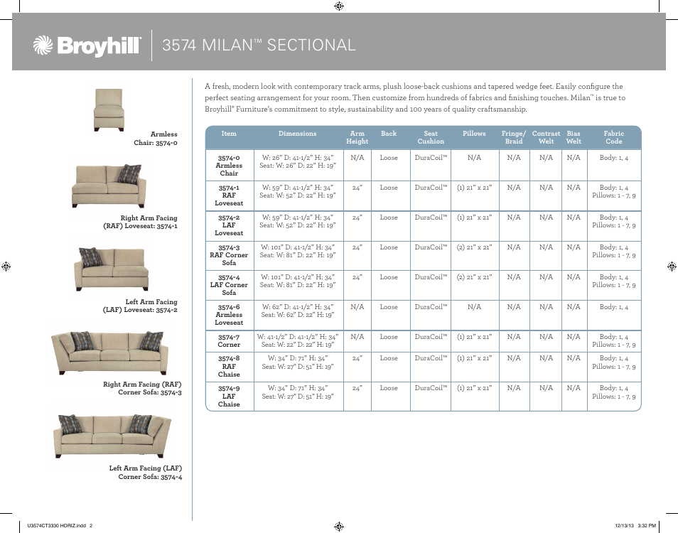 3574 milan | Broyhill MILAN SECTIONAL Product Details User Manual | Page 2 / 4