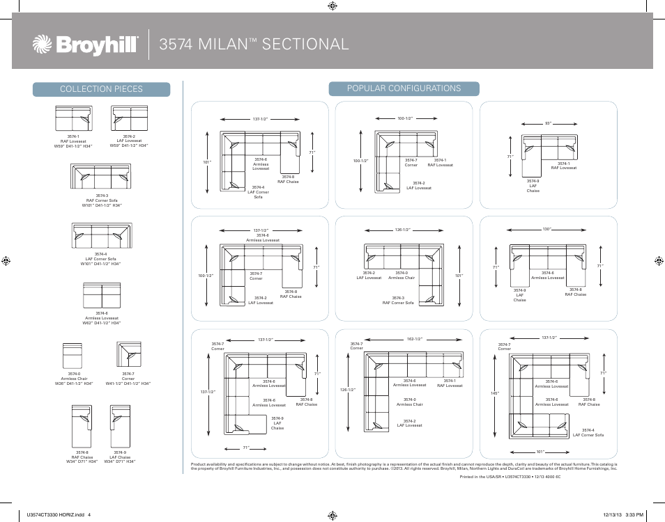 3574 milan, Popular configurations collection pieces | Broyhill MILAN SECTIONAL Product Details User Manual | Page 4 / 4