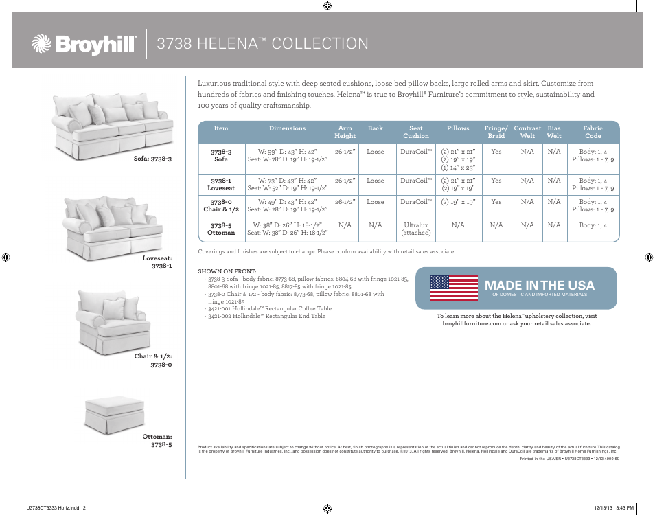 3738 helena, Collection, Made in the usa | Broyhill HELENA SOFA, CHAIRS Product Details User Manual | Page 2 / 2